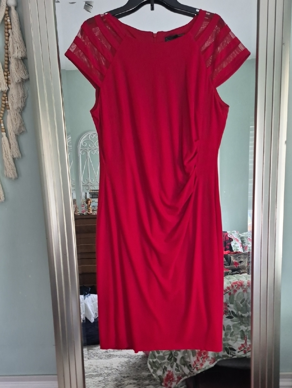 Jessica Howard Red Midi Sheath Dress with Lace Cap Sleeves